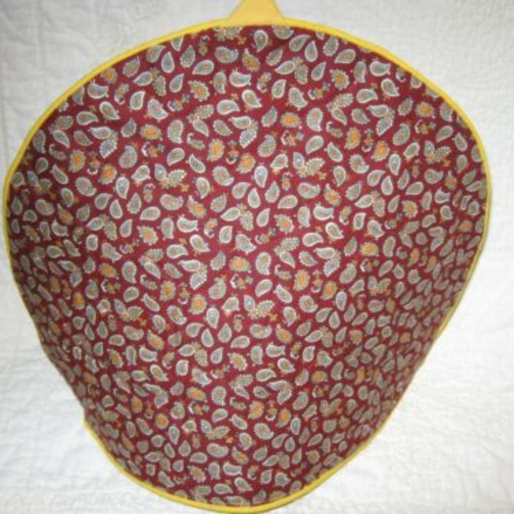 Handmade Burgundy Paisley Patterned Tea Cozy Yellow Trim